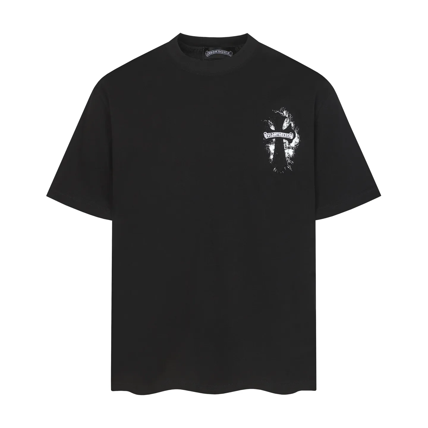 P150 💰 Actual pictures [High-end quality] Code: 8915# Color: Black White Size: S to XXL 2026ss Internet celebrity cross 🔥New Chrome Hearts 320g customized fabric Chrome heart round neck short sleeves 🔥Cross burnt appliqué embroidered men and women loose version